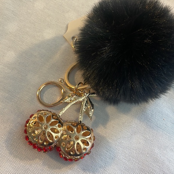NEW Black Pom with Rhinestone cherry charm luxury style keychain purse charm - Picture 4 of 8
